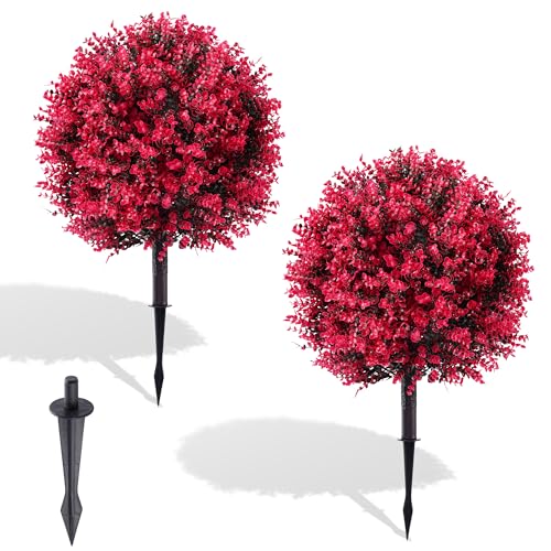 27.6 Inch Red Eucalyptus Topiary Ball Trees, 2 Sets Faux Boxwood Topiary with Spikes, Pot Filler Fake Shrubs Plants for Outdoor Planters, Round Topiary Bush Balls Front Porch Home Garden Spring Decor - color: Red Boxwood