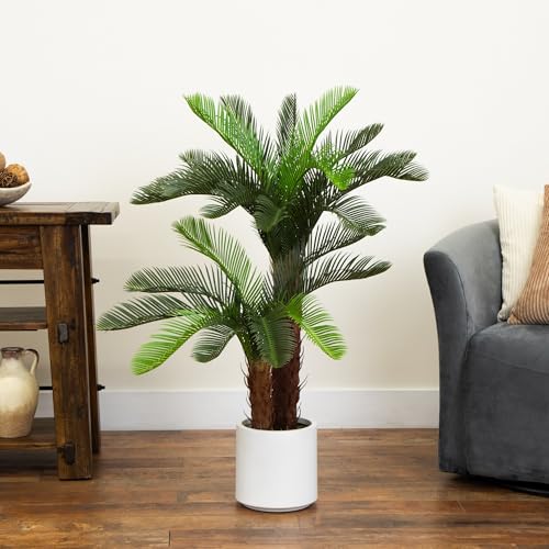 Nearly Natural 40in UV Resistant Artificial Double Cycas Palm Tree in White Planter