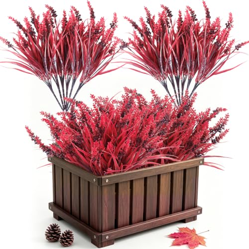 RECUTMS 12Pcs 14.6" Artificial Fall Flower Plants Outdoors Faux Greenery | UV Resistant,Faux Greenery Shrubs,Wine Red Fake Grass with Flowers,Artificial Shrub for Garden Patio Porch Outdoor Decor - color: Wine Red