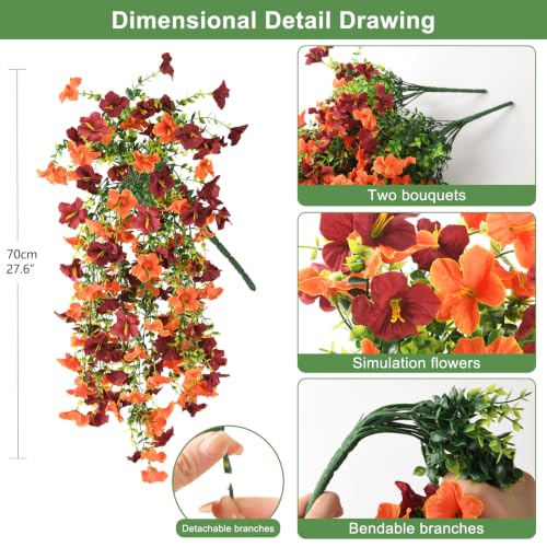 INQCMY Artificial Fake Fall Flowers Plants for Outdoor Decoration,2 PCS Faux Silk Morning Glory with Eucalyptus Leaves,UV Resistant Realistic Outdoor Flowers for Balcony Porch Patio Yard Garden - color: C Orange Brown