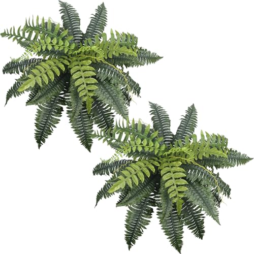 2 Pcs Artificial Boston Ferns for Outdoors UV Resistant Faux Fake Ferns 21" Artificial Plants Indoor for Patio Garden Outdoors Planter Farmhouse Windowsill Office Living Room Home Decor