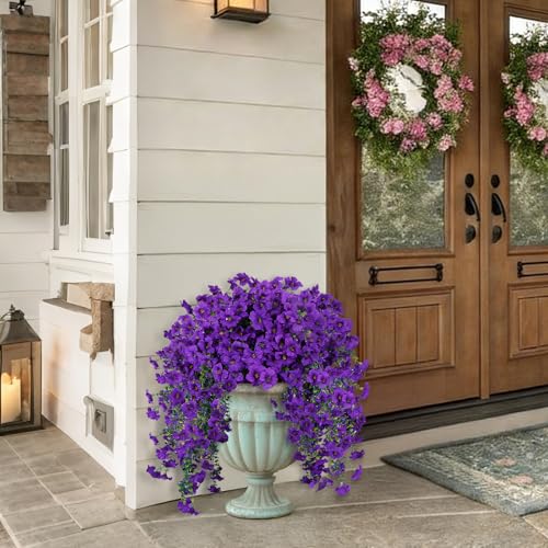 3PCS 396 Heads Morning Glory Artificial Purple Hanging Flowers for Outdoor, Fake UV Resistant Flowers Realistic Trailing Faux Plant for Porch Patio Balcony Yard Decoration - color: Purple