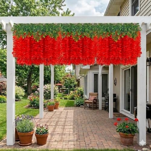 HUAHUA Artificial Wisteria Flowers, White Dense Artificial Fake Wisteria Vine Ratta Hanging Garland Silk Flowers String for Home Party Wedding Decor (24pcs Red) - color: 24pcs Red