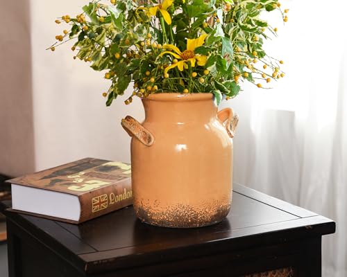 Quoowiit Ceramic Rustic Farmhouse Vase, Distressed Decorative Flower Vases for Home Decor, Ideal Shelf Decor, Yellow Boho Vase for Living Room Bedroom Kitchen Office Centerpiece Table Decorations - color: 8 Inch-yellow