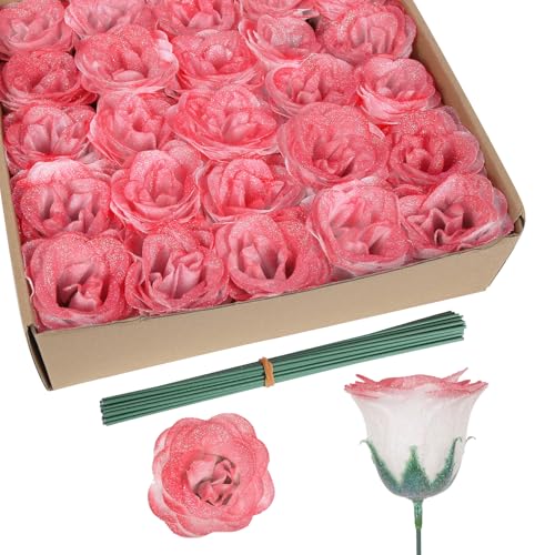 Glitter Roses Bouquet,30PCS Gradient Red Roses Fake Sparkling Flowers for Wedding Bouquet Party Christmas Home Decor(Gradient Red) - color: Gradient Red