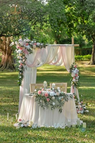 TINGE TIME Wedding Arch Flowers Kit - Deluxe 5pcs Artificial Floral Swag with 3 Sheer Drapes, Realistic Silk Flower Arrangements for Wedding Ceremony Arbor Backdrop Reception Party Home Decor - color: Dusty Rose & Champange