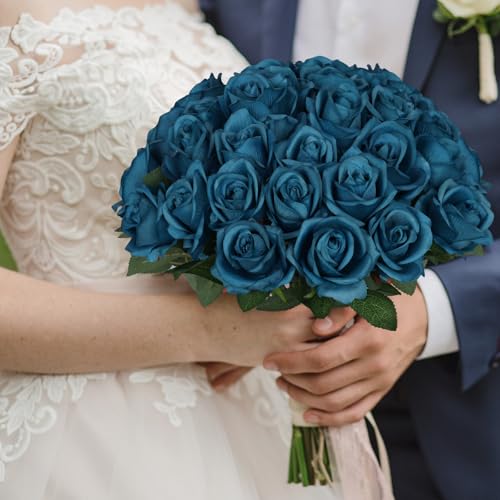 30pcs Fake Roses Artificial Silk Flowers Long Stems Bouquet for Wedding Bridal Shower Party Home Decoration (Teal) - color: Teal
