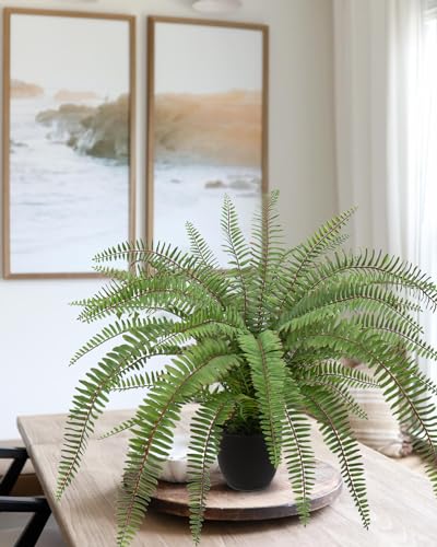 Hollyone Large Artificial Fern Potted Plant for Outdoors Indoors Lifelike Faux Boston Fern Artificial Plants in Black Pot for Garden Patio Home Farmhouse Windowsill Office Decoration - color: Green