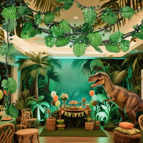 Preboun 34 Pcs Jungle Vines Rainforest Party Decorations 10 ft Artificial Rattans with Palm Leaves Fake Ivy Vines Tropical Rainforest Safari Decor for Forest Jungle Dinosaur Party Indoor Outdoor