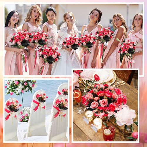 Hotop 12 Bunches of Artificial Flowers Centerpiece 13 Inches Silk Fake Roses Bouquets for Table Decoration Faux Arrangement Flowers for Wedding Cemetery Memorial Day (Rose Red) - color: Rose Red