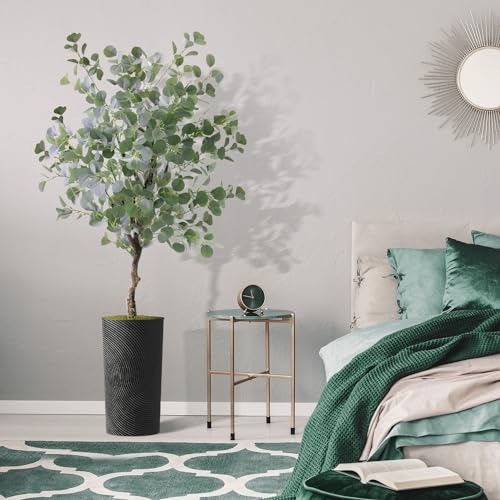 Artificial Tree in Geometric Spiral Pattern Planter, Fake Eucalyptus Silk Tree for Indoor and Outdoor Home Decoration - 66" Overall Tall (Plant Pot Plus Tree) - style: Eucalyptus Tree