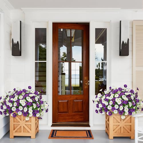 Artificial Flowers for Outdoors, 16 Bundles Mix Color Silk Faux Flowers Morning Glory UV Resistant Eucalyptus Plants Fake Petunias Plants for Porch Garden Planters Window Box Outside Indoor Decor - color: Purple White