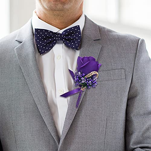Purple Wedding Rose Boutonniere with Pins for Men Wedding Groomsmen Best Man, Groom Boutonnieres for Party Prom Anniversary (Boutonniere-Purple, 6 Packs) - color: Boutonniere-purple, size: 6 Packs