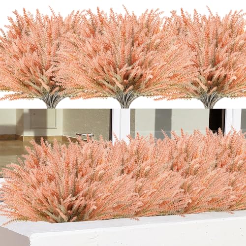 Artificial Fall Flowers Faux Mums for Outdoor, 15 Bundles Fake Flower Lavender UV Resistant Faux Plants No Fade for Front Door Porch Garden Yard Patio Outside Autumn Decor(Light Orange) - color: Light Orange