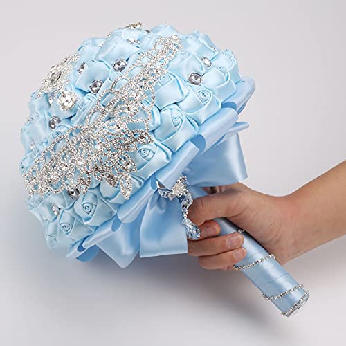 XINNI Handmade Bridal Wedding Bouquet Bride Bridesmaid Satin Rose Flower Bouquet with Drop-Shaped Rhinestone Wedding Decoration Light Blue - color: Lightblue