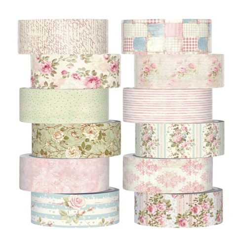 12 Rolls Watercolor Floral Washi Tape Set 15 mm Vintage Flower Decorative Masking Tape for Summer School Arts DIY Craft Scrapbook Journal Supplies Gifts(Vintage Pink,Cottagecore) - color: Vintage Pink, style: Cottagecore