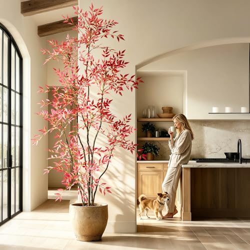 Tall Faux Plastic Silk Plants Large Artificial Bamboo Tree Indoor Outdoor Realistic Floor Plant Potted Fake Nandina Trees for Home Living Room Office Front Porch Patio decoracion Housewarming Gift - color: Red, size: 7ft 3in