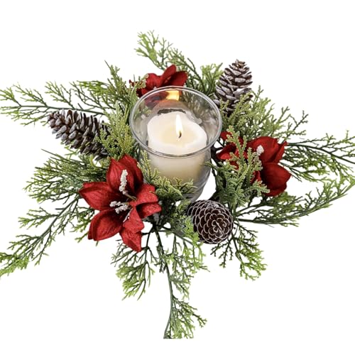 Christmas Candle Rings Xmas Small Wreath for Pillars Artificial Red Flowers Pine Cone Candle Rings 9.8” Rustic Gift Farmhouse Table Centerpiece Home Winter Decor