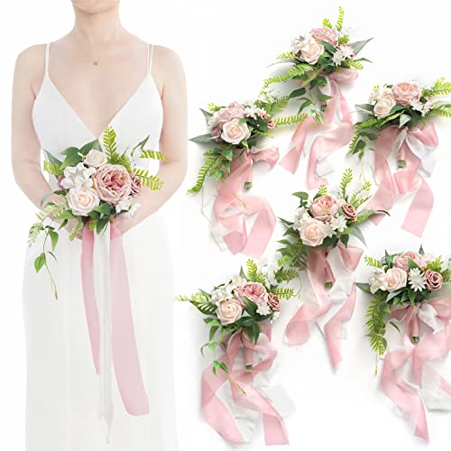 Ling's moment Artificial Bridesmaid Bouquets Set of 6,Dusty Rose Wedding Flower Bouquets Pink Floral Bouquet Bridal Bouquets with Ribbon,Ceremony,Anniversary,7-inch Diameter - color: Pk-dusty Rose & Cream