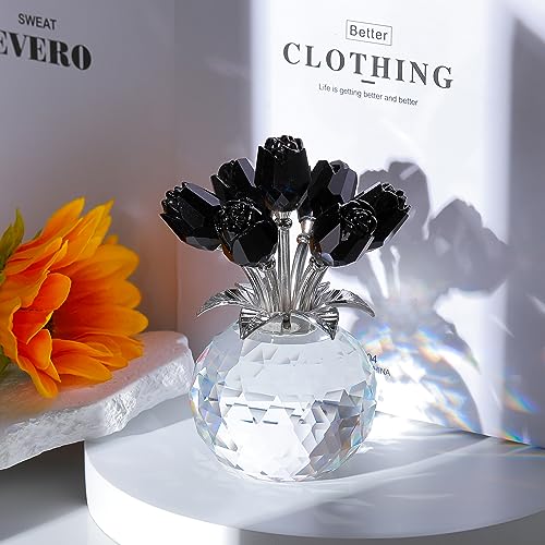 Movdyka Black Rose Flower Crystal Figurine with Vase, Bouquet Flowers Gifts for Wife Girlfriend Women - Fake Black Roses Halloween Gothic Decor - color: Black-crystal Rose