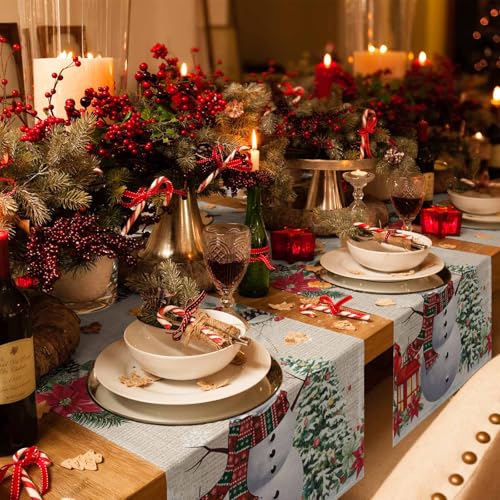 Christmas Snowman Poinsettia Table Runner-Cotton Linen-72 Inch Holiday Dresser Scarves, Floral Eucalyptus Swirls Snowflake Tablerunner for Kitchen Coffee/Dining Bedroom Living Room Dinner Scarf Décor - color: Christmas, size: 13x72 Inch