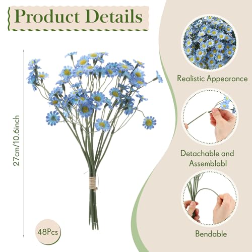 48 Pcs Small Daisy Flowers Artificial 10.6 Inch Fake Daisies Silk Floral Bouquets Spring Wildflowers with Stems Floral Arrangements for Vase Wedding Centerpiece Table Decor(Blue) - color: Blue