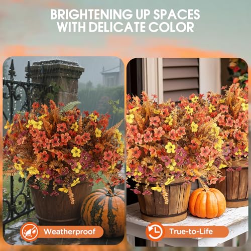 Artificial Fall Flowers for Outdoors,36 Bundles Faux Flowers Outside Fall Plants Realistic UV Resistant for Outdoor Planters Look Real Fake Flowers for Thanksgiving Porch Decor Window box planters - color: Sunset Red ＆brown＆yellow（with Fall Ferns）, size: