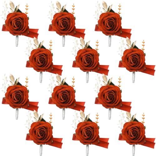 Sherr 12 Pcs Rose Boutonniere for Men Wedding Corsage Rose Groom and Groomsmen Boutonniere with Artificial Flower for Rustic Vintage Wedding Ceremony Anniversary Dinner Prom Party (Caramel Orange) - color: Caramel Orange