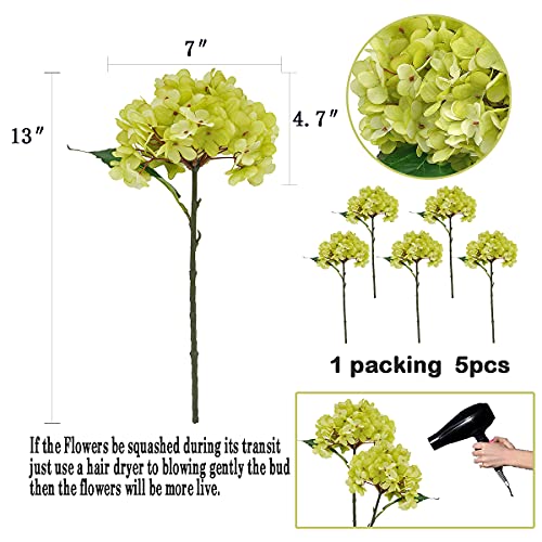 6Pcs Artificial Fake Flowers Silk Hydrangea 1 Flower Head Stem for Arrangements Wedding Bouquets Decorations Plastic Floral Table Centerpieces Home Kitchen Garden (Light Green) - color: Light Green