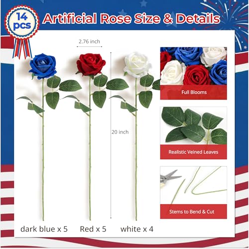Auihiay 14PCS Red White Blue Artificial Roses, Patriotic Velvet Silk Fake Roses Flowers with Long Stem for 4th of July Independence Day Home & Memorial Day Decorations - color: Red White Blue