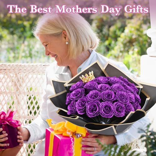 Waipfaru Purple Glitter Roses Bouquet, DIY Flowers Bouquet, Birthday Gifts for Women Mom Grandma Wife Girlfriend, 24 Pcs Fake Rose for Valentines, Mothers Day, Anniversary, Graduation Gifts - color: Purple, size: 24pcs