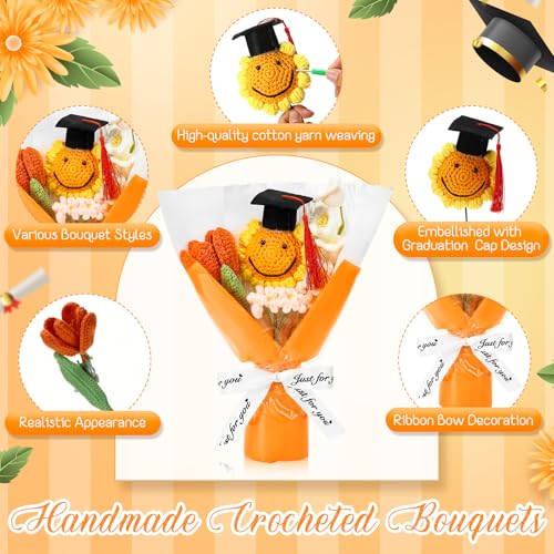 2026 Graduation Crochet Flowers Bouquet Gifts Class of 2026 Graduation Gift for Her Sunflower Mortarboard with Greeting Cards Bag Handmade Knitted Artificial Flowers for Grad(Yellow) - color: Yellow