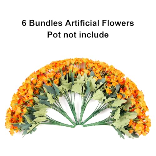 Daisy Artificial Flowers for Outdoors Decoration, 6 Bundles Fake Plants Flowers Bouquet Faux Flowers for Outdoor Planter Look Real UV Resistant Silk Flowers for Outside Front Door Porch Patio, Orange - color: Orange