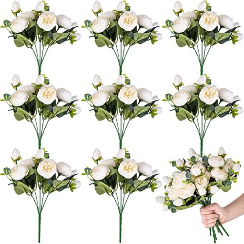 Yunsailing 8 Pack Artificial Peony Flowers Faux Silk Hydrangea Bouquet Wedding Home Table Decor Reusable Bouquet of Rose Flower for Birthday Wedding(White) - color: White, style: Peony
