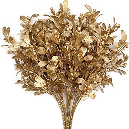 Christmas Artificial Flowers, Golden Leaves Branches Plants Fake Berry Plant Decor for Wedding Bridal Bouquet Party Indoor Outdoor DIY Home Table Centerpieces Arrangements Decoration - Gold 3 Pack - color: Gold Leaves Berry Grass-3 Pcs
