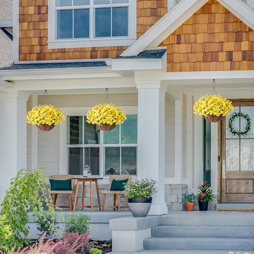 Artificial Fall Flowers Fake Hanging Plants Flowers Basket for Outdoors Autumn Decoration, Yellow Silk Morning Glory with Eucalyptus Look Real UV Resistant Faux Flowers for Outside Porch Patio Balcony - color: Yellow