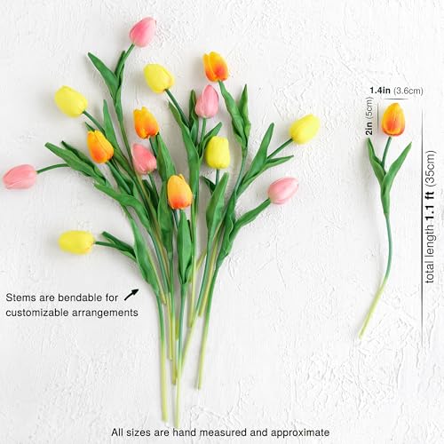 FiveSeasonStuff Orange, Yellow & Pink 15 Stems Real Touch Artificial Tulips, Soft PU Faux Flowers with Bendable Stems for Vase Centerpieces, Home & Wedding Decor - color: #10 Festive Bloom (Orange, Yellow & Pink)