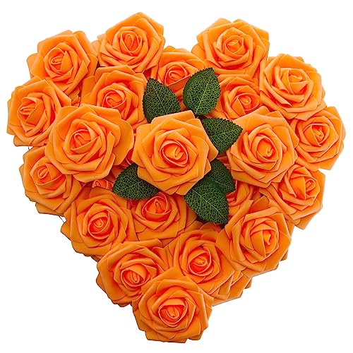 [25PCS] Orange Roses Artificial Flowers with Long Stem Real Touch Fake Foam Roses for Decoration DIY Wedding Bouquets Centerpieces Bridal Shower Flower Arrangements Home Decor - color: Orange
