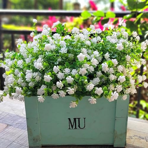 Grunyia 12 Bundles Artificial Flowers for Outdoors, UV Resistant Fake Flowers with Plastic Plants, Faux Flowers for Outside Window Box Front Porch Hanging Planter Decor (White) - color: White