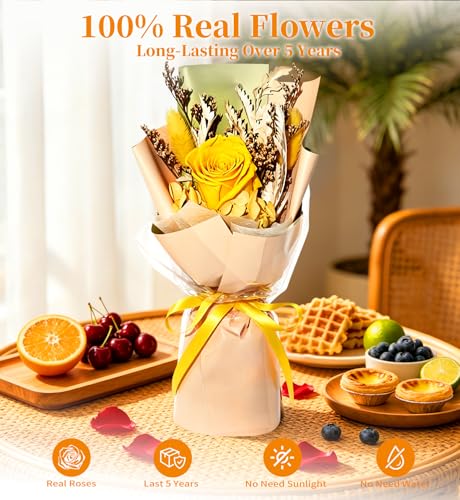 Preserved Flowers Bouquet,Flowers For Delivery,Yellow Rose Bouquets,Birthday Flowers Gifts For Women Mom Grandma Wife Friends,Real Roses Gift From Daughter Valentine’S Day Mothers Day Anniversary - color: Yellow, size: Rose Bouquet