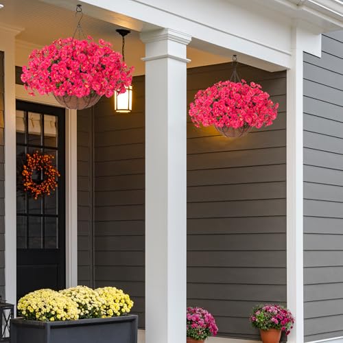 Artificial Faux Hanging Plants Flowers Basket for Outdoor Outside Spring Summer Decoration, Silk Morning Glory in Planter UV Resistant Look Real Fake Flower for Porch Patio Balcony Home Yard, Hot Pink - color: Hot Pink