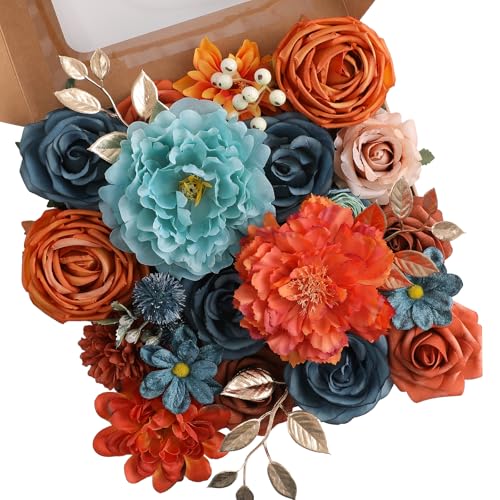 Floweroyal Artificial Flowers Fake Rose Flowers Dahlia with Stems for DIY Wedding Bridal Bouquets, Baby Shower, Floral Arrangement, Table Centerpieces, Home Decorations - color: Orange & Teal
