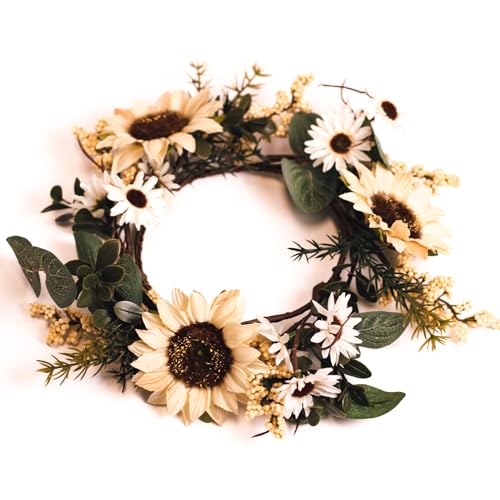A Cheerful Giver Small Wreath Candle Ring White Sunflower Artificial Floral Decor for Candles Centerpieces & Home Accents