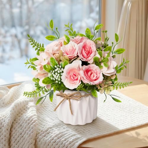Pink Artificial Silk Roses with Ceramic Vase, No Maintenance Faux Flower Arrangement, 6.3 Inch Realistic Table Decor for Home Office Wedding - color: Pink