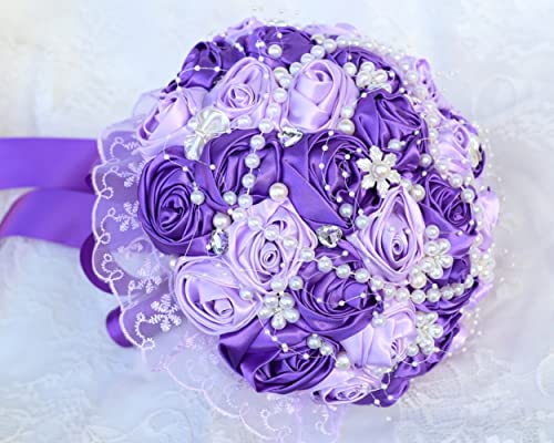 Purple Bridal Wedding Bouquet with Rhinestone Brooch Pearl Bouquet for Bride Bridesmaid Quinceanera Satin Rose Flower Bouquet Wedding Purple and Lilac 8.7in - color: Purple and Lilac (Standard Size: Dia.8.7")