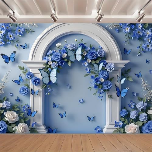 Blue Flowers Butterfly White Arched Doorway Backdrops Light Blue Background Rose and Green Leaves Wedding Photography Backdrop Bridal Shower Wedding Anniversary Decorations Backdrop (A, 6 * 4feet) - color: A, size: 6*4feet