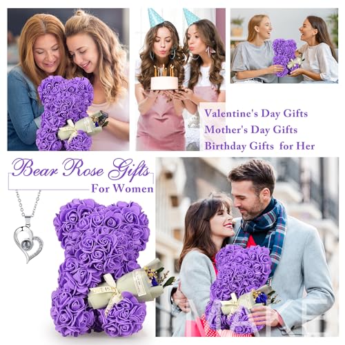 Gifts for Mother Rose Bear Gifts for Women, Rose Teddy Bear Birthday Gifts for Girlfriend Wife, Flower Bear withI Love You Necklace in 100 Languages - color: Purple