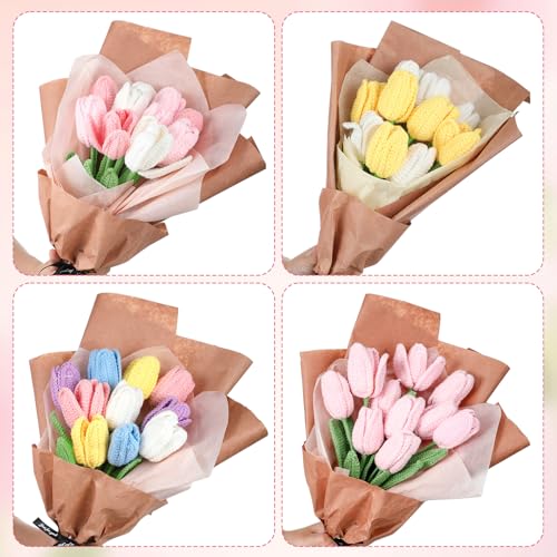 Shihanee 10 Pcs Tulip Crochet Flowers Bouquet Handmade Knitted Flower Decor Birthday Gifts for Mom Mother's Day Women Grandma Spring Home Vase Centerpiece, 13.7"(Pink, White) - color: Pink, White