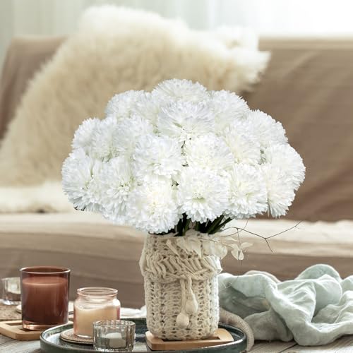 36 Pcs White Artificial Flowers Faux Ball Chrysanthemum Bouquet Silk Flowers Bridal Wedding Bouquet for Home Garden Party Office Coffee House Decoration (White) - color: White