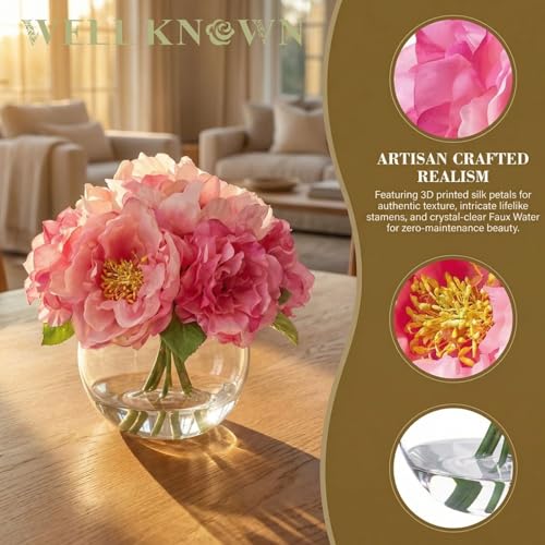 WELL KNOWN Artificial Flowers in Vase, Silk Peonies Bouquet with Faux Water, Fake Peony Pink Flower Arrangement for Home Wedding Birthday Party Dining Table Centerpiece Spring Decor & Mom's Gift - color: Pink